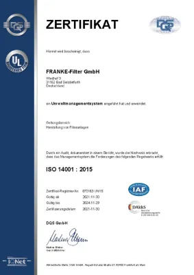 Bild: FRANKE-Filter GmbH erhält die Zertifizierung für ihr Umweltmanagementsystem nach ISO 14001