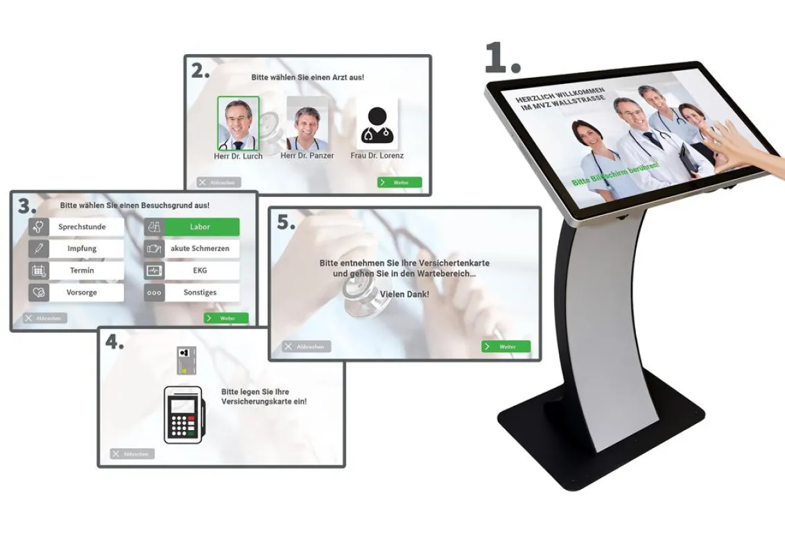Der Patient wird durch den Dialog geführt. Grafik: INDAMED, Foto: WES Systeme Electronic