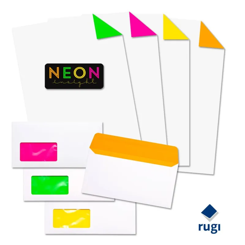»Neon insight«: Briefhüllen und -bögen von rugi in vier Farben