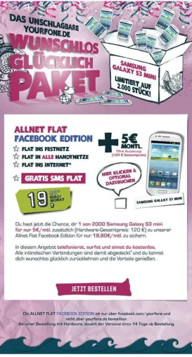 Bild: Preisknaller: yourfone.de schenkt Facebook-Usern SMS-Flat & 50 % vom neuen Smartphone