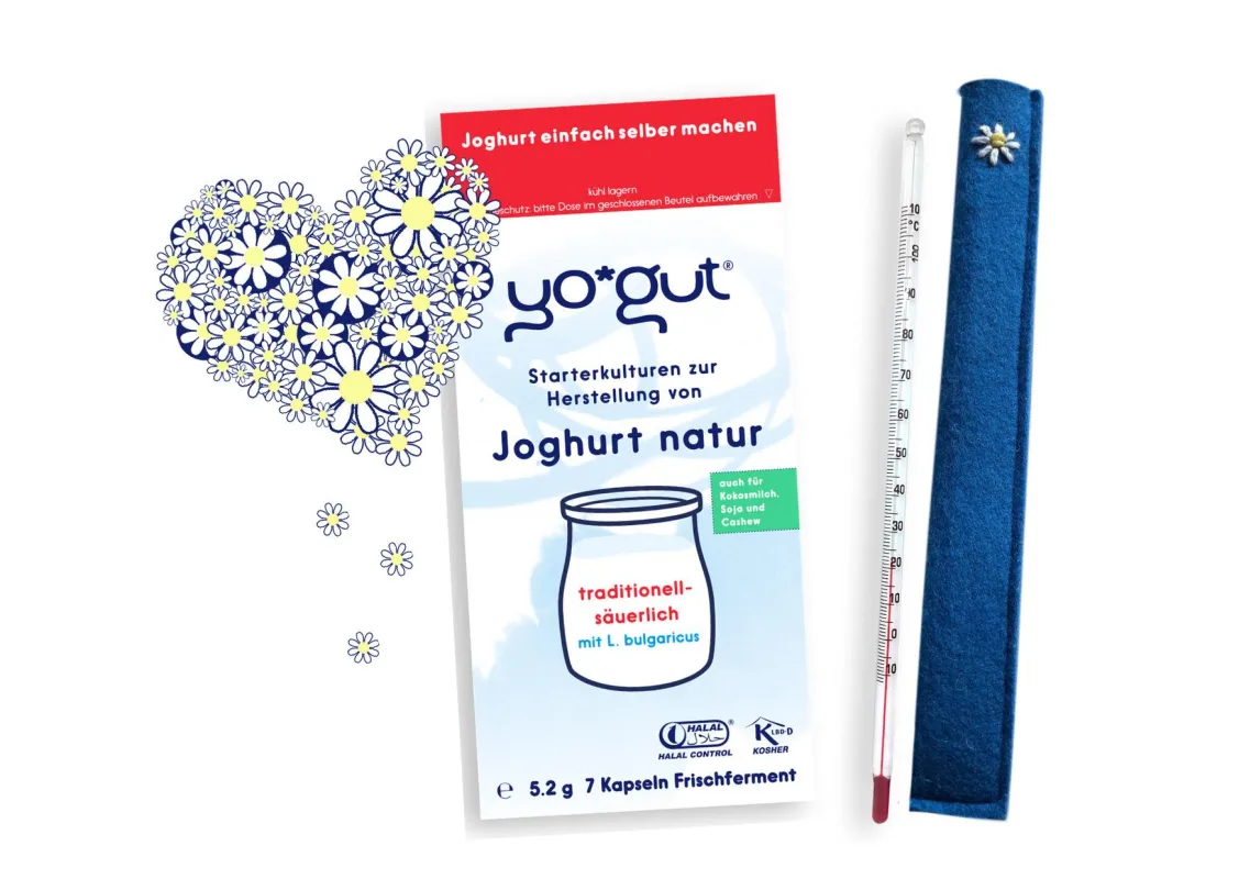 YOGUT Starterkulturen plus Thermometer zum Joghurt selber machen, fehlt nur Milch oder Pflanzendrink