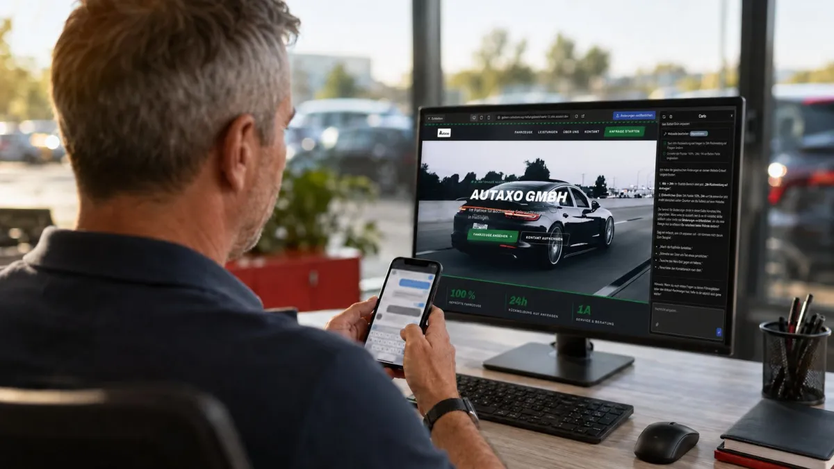 Händler steuert Autaxo am Handy. Im Hintergrund entsteht eine Website via Chat-Fenster.