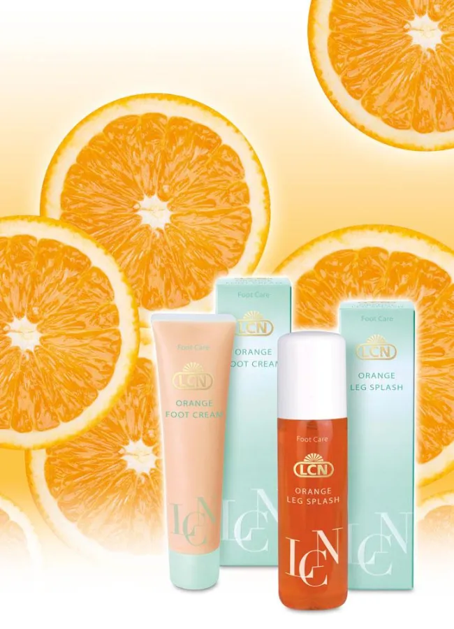 (FOTO: Wilde Cosmetics) Die zwei neuen Produkte Orange Foot Cream und Orange Leg Splash der beliebten LCN Fußpflegeserie Citrus Line
