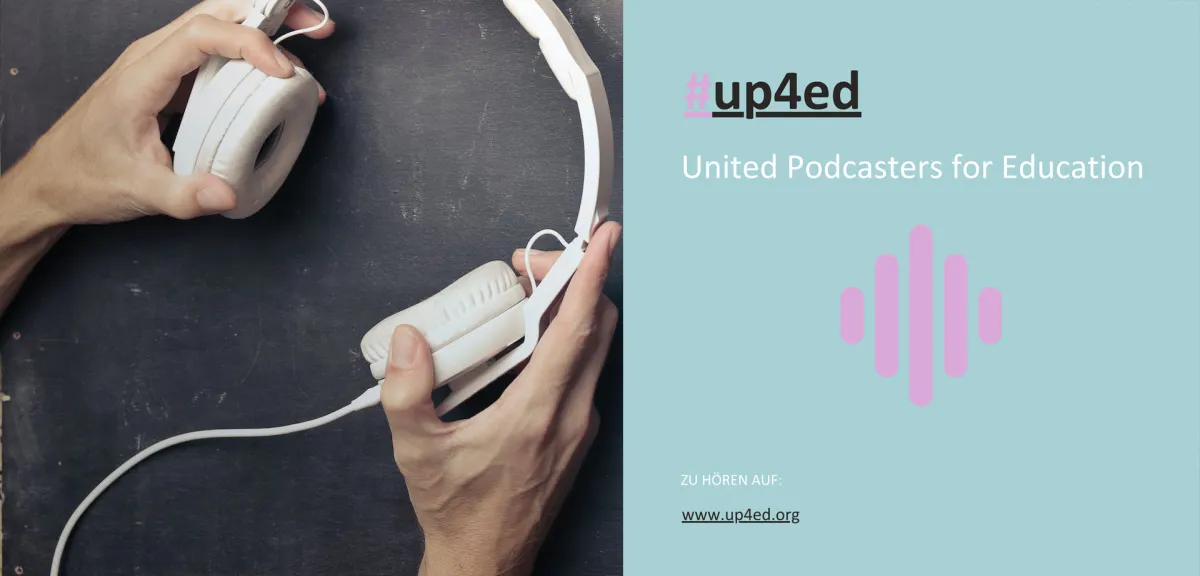 #up4ed Podcast-Logo mit Symbolbild (© Podcast-Logo re sbraun-speck mit Bild li von Pexels-Andrea-Piacquadio-3771842)
