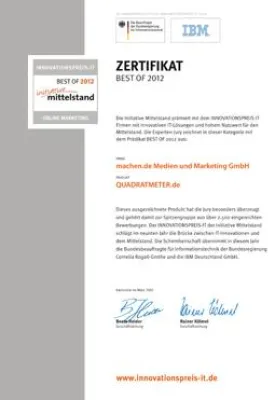 Bild: machen.de-Projekt QUADRATMETER.DE von „Initiative Mittelstand“ mit dem Prädikat „BEST OF 2012“ ausgezeichnet