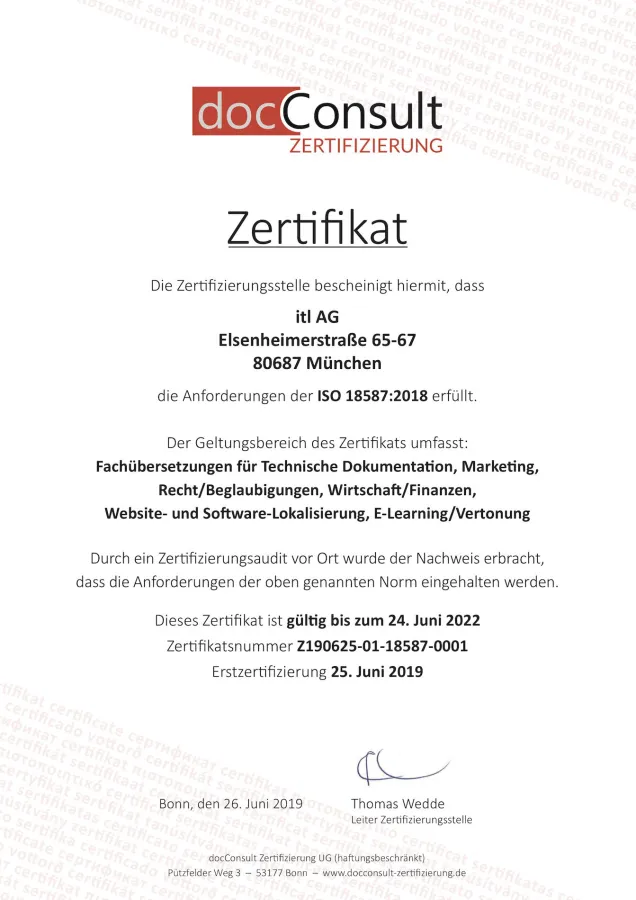 itl Zertifikat ISO 18587:2018