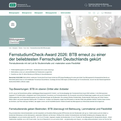 Bild: FernstudiumCheck-Award 2026: BTB erneut zu einer der beliebtesten Fernschulen Deutschlands gekürt