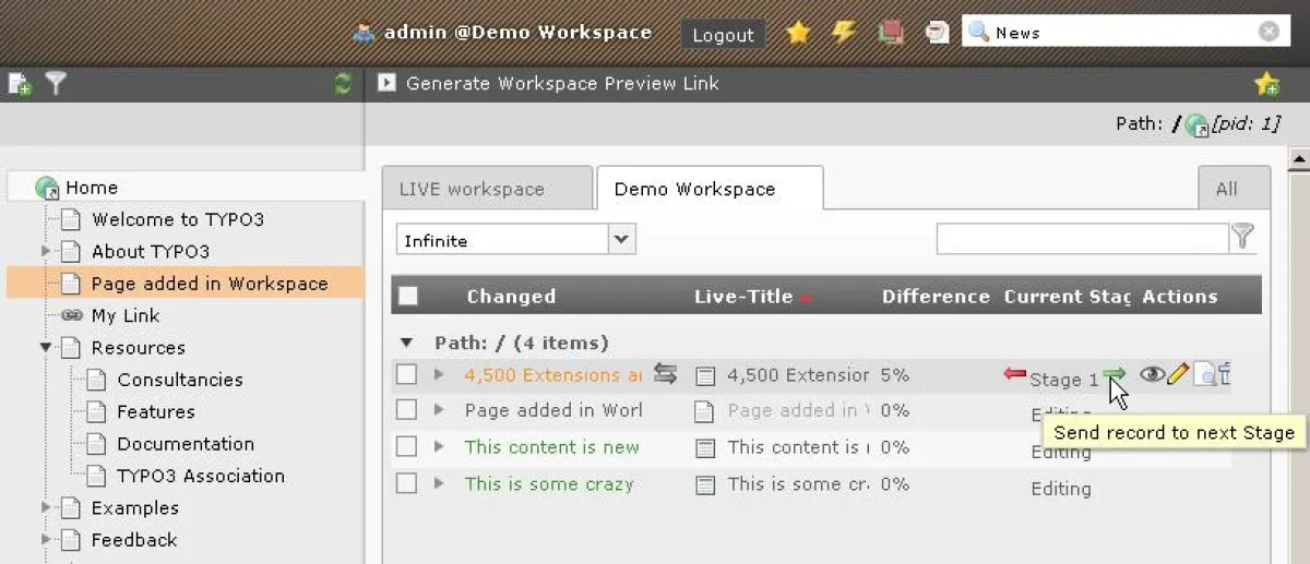 Screenshot des neuen Workspaces Moduls