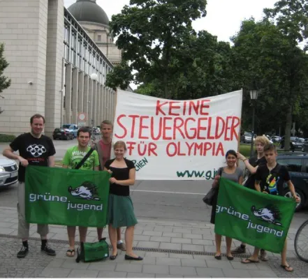 Grüne Jugend München-Aktion vor der Staatskanzlei: „Keine Steuergelder für Olympia!“ Bild: Grüne Jugend München-Aktion vor der Staatskanzlei: „Keine Steuergelder für Olympia!“
