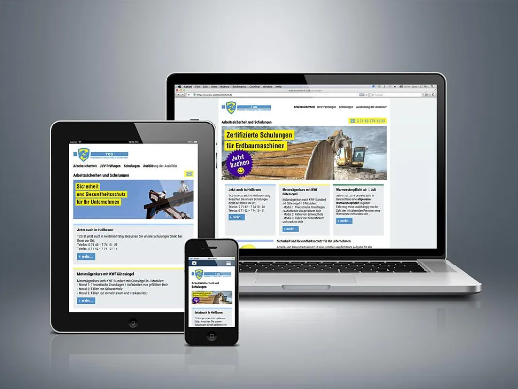 Website mit Möglichkeit zur Seminarbuchung für TCS Arbeitssicherheit