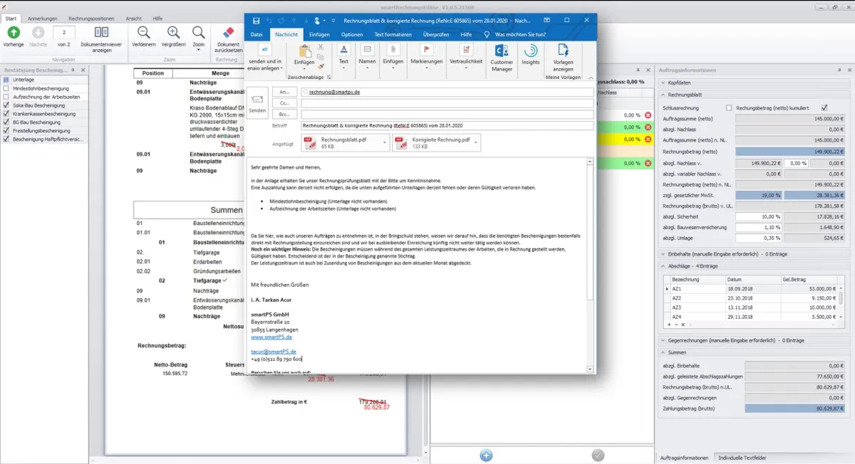 Bearbeitung von Baurechnungen - Versandfunktion der bearbeiteten Rechnung mit Anlagen