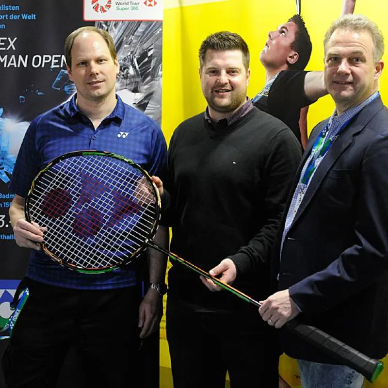 Im Bild v.l.n.r.: Boris Reichel (YONEX GmbH), Johannes Noack (BaSpo), Roland Herres (DBV) Foto: CP.