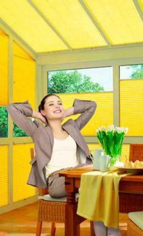 Plissees Faltstores in einem Wintergarten mit Perlreflex Stoff zur Wärmereduktion.