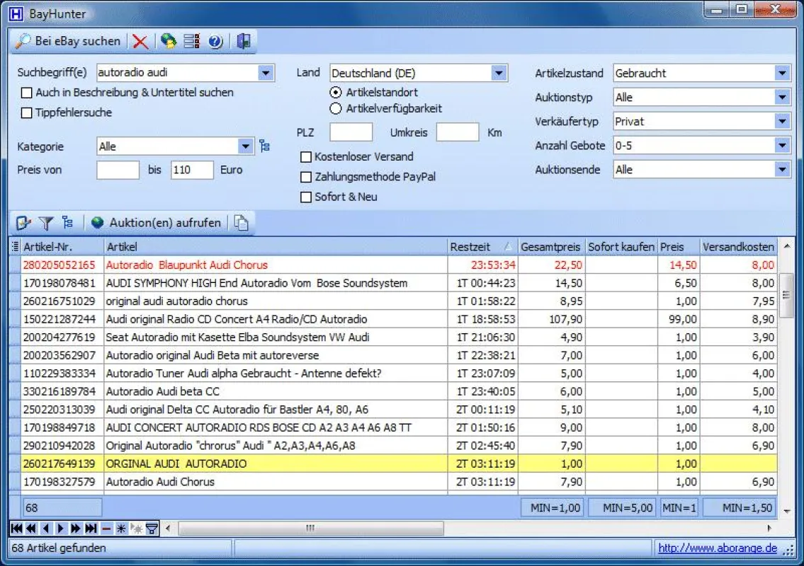 Professionelle eBaysuche mit dem Freeware-Tool BayHunter von aborange.de