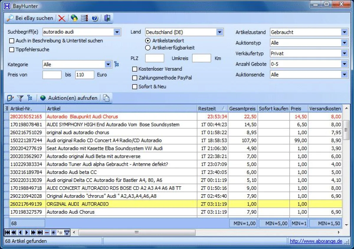 Professionelle eBaysuche mit dem Freeware-Tool BayHunter von aborange.de