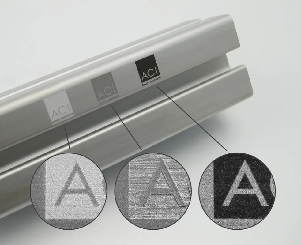 Vergleich Laserbeschriftung Aluminium (rechts: Schwarzbeschriftung mit neu entwickeltem ACI Laser)