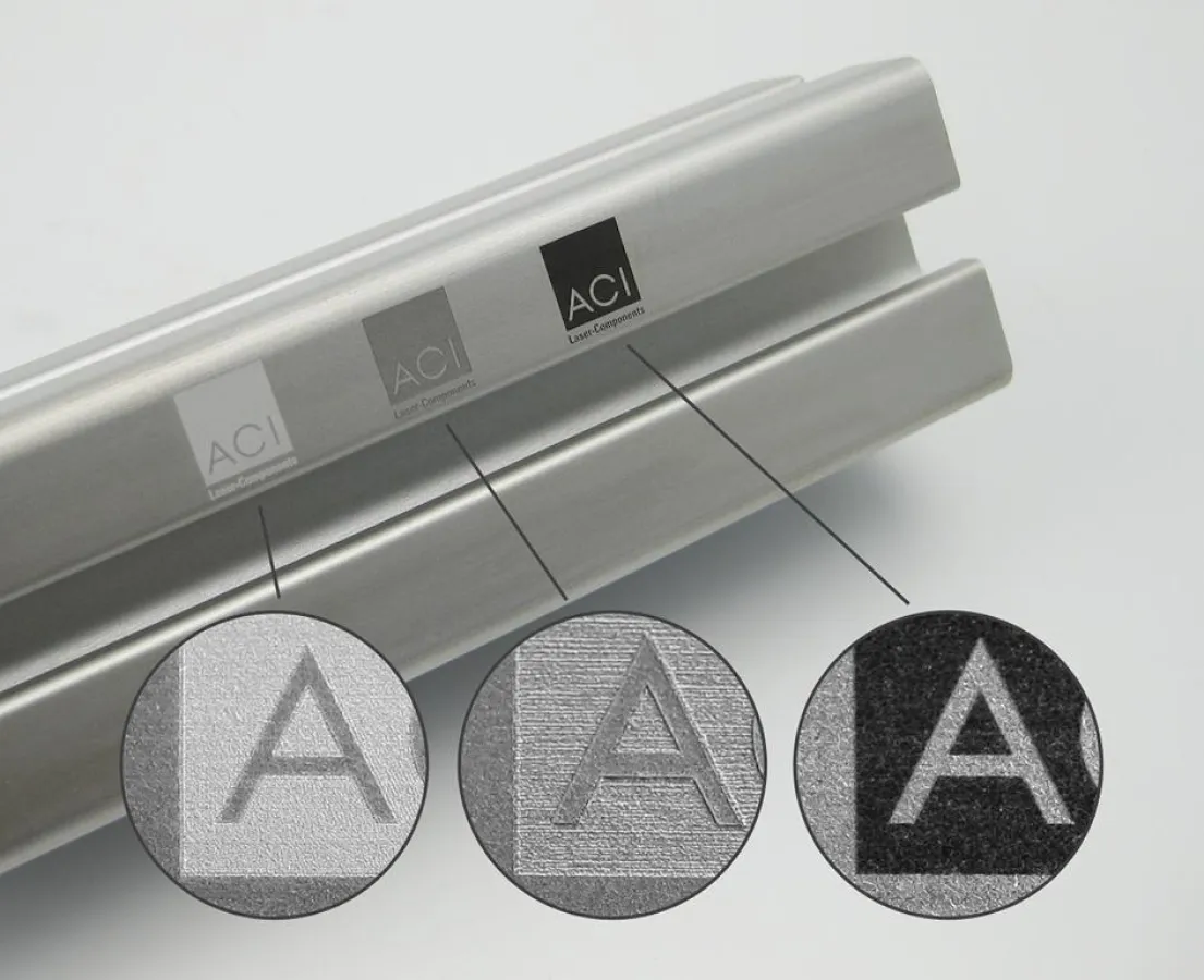 Vergleich Laserbeschriftung Aluminium (rechts: Schwarzbeschriftung mit neu entwickeltem ACI Laser)