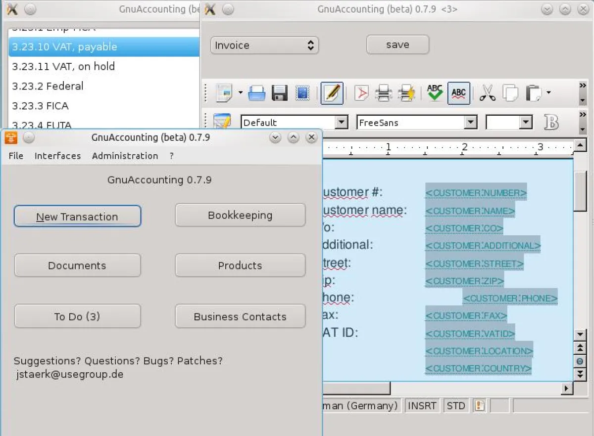 Gnuaccounting unter englischem Kubuntu: Hintergrund: englischer Kontenrahmen, davor: Vorlagenverwaltung. Vordergrund: Hauptfenster