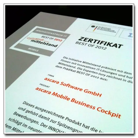 Bild: Auszeichnung: Die ascara Mobile Business Cockpit WebApp gehört zu den BEST OF 2012 der Initiative Mittelstand