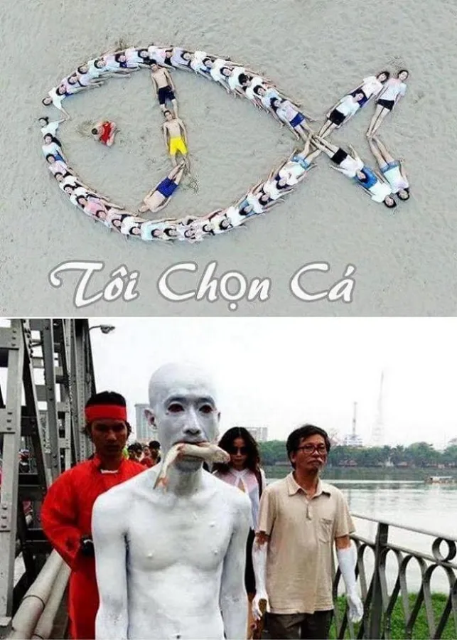Empörung über Massenfischsterben in Vietnam: #ich wähle Fisch (Bild oben), Künstlerprotest (unten)