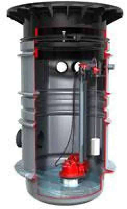 Die neue Pumpstation von KESSEL besteht aus einem KESSEL-Standard-Schacht LW 600 und einer integrierten Pumpe für Schmutz- und Regenwasser.