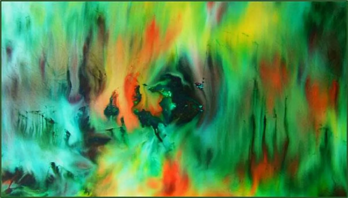 Hanna Scheriau, BIG BANG, bemalte Seide auf Leinen, 80 x 140 cm, 2007