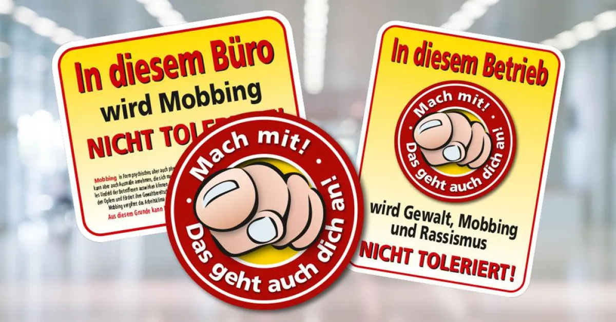 Schilder gegen Mobbing am Arbeitsplatz.