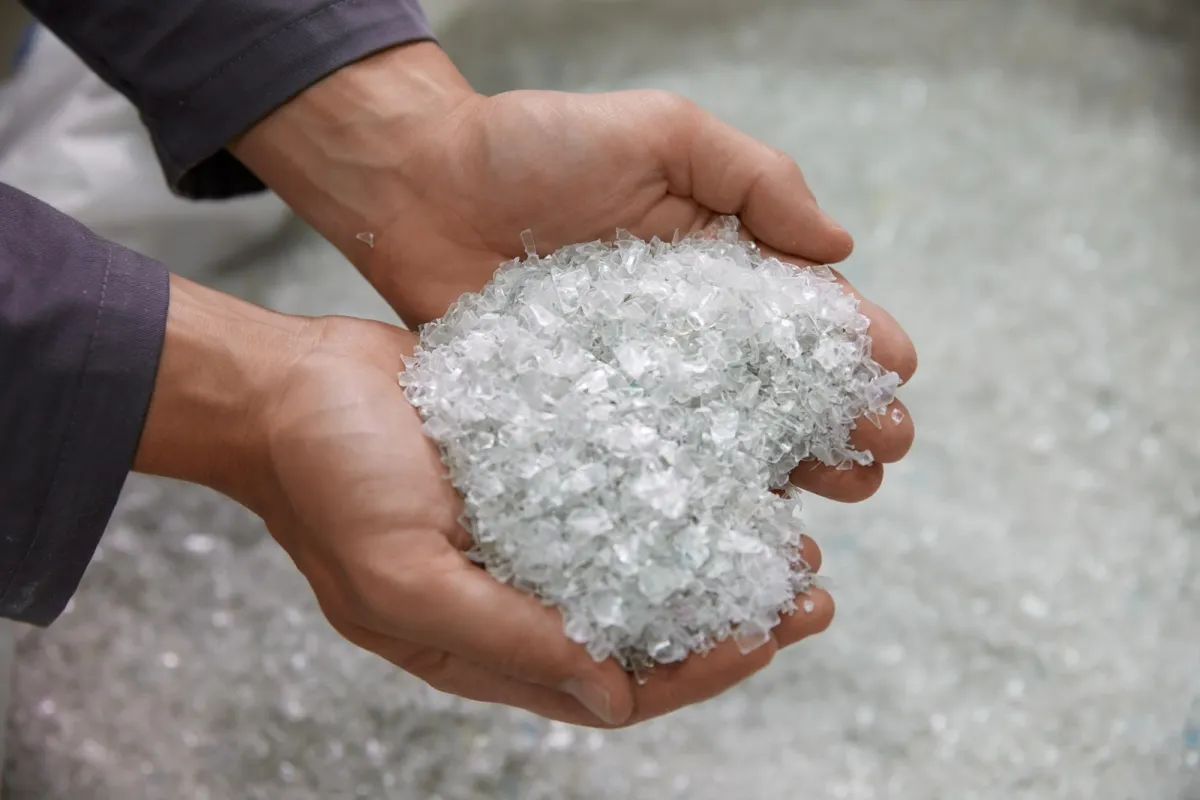 rPET Flakes, Ausgangsmaterial für klimaneutrales rPET.