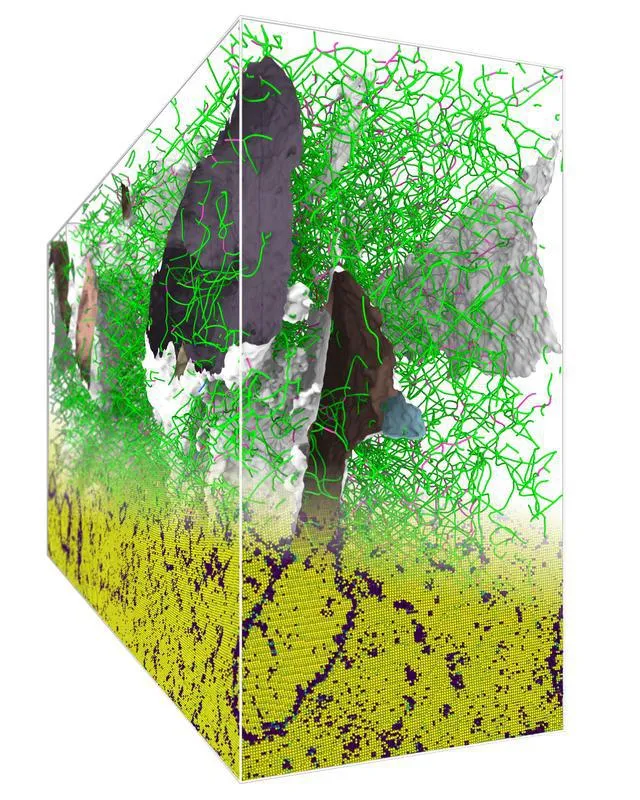 Simulationsmodell eines verformten Tantalkristalls. Ausgehend von den einzelnen Atomen (gelb) hat ein Algorithmus die Form der Versetzungsdefekte (grüne Linien) u. d. Zwillingsgrenzen (graue Flächen)