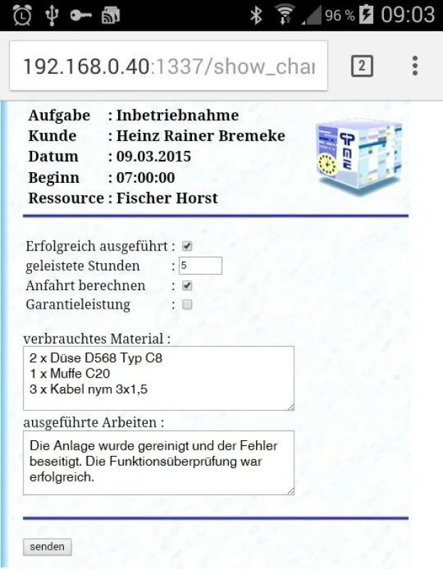 Erfassungsmaske PME Webtool