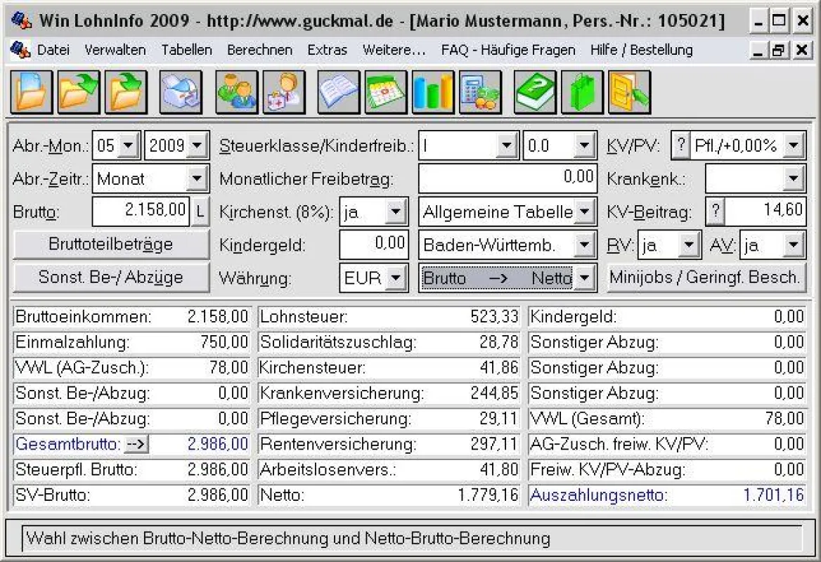 Win LohnInfo 2009 - Das Hauptfenster (Bild zur freien Verwendung)