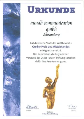 aundb communication erreicht die 2. Stufe beim Großen Preis des Mittelstandes Bild: aundb communication erreicht die 2. Stufe beim Großen Preis des Mittelstandes