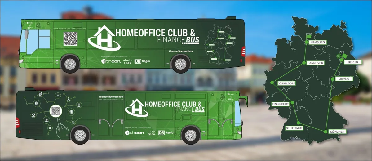 Seitenansicht des Roadshow Busses mit Karten der Tourstädte (© ethcon GmbH)