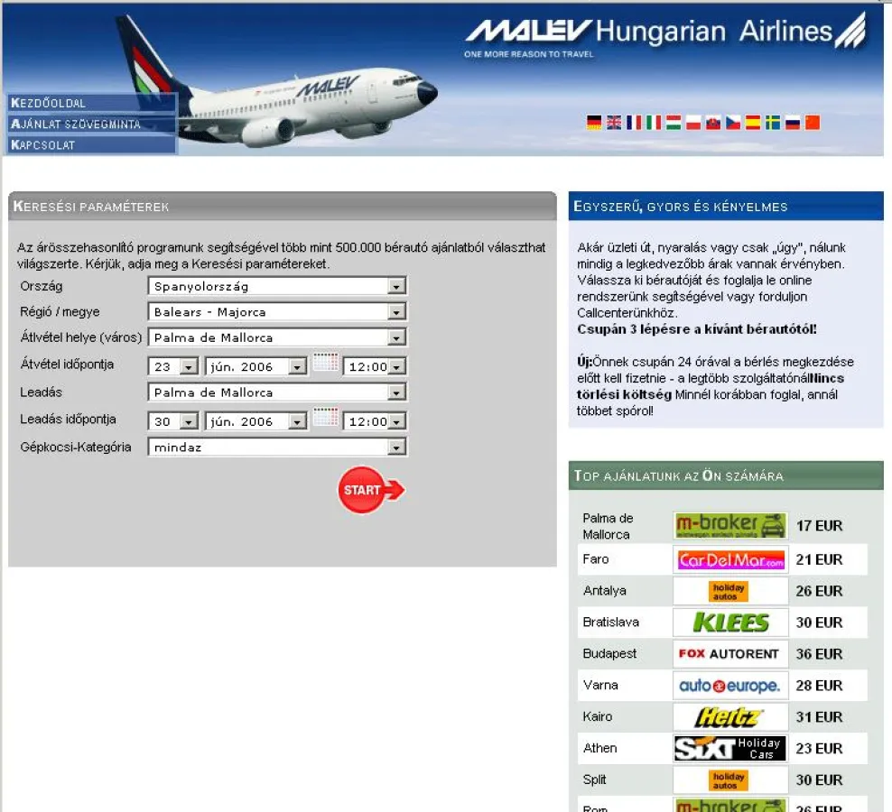 Webauftritt der Malev Partnerseite