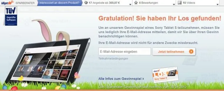 Bild: billiger.de lädt Sparberater-Nutzer zur Teilnahme an großer Tablet-Verlosung ein