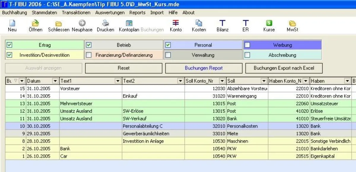 Visualisierung verschiedener Buchungstypen