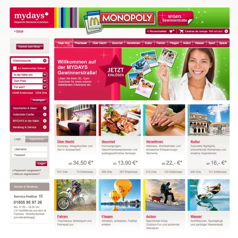 Die Landingpage bei MYDAYS zum Monopoly bei McDonald´s