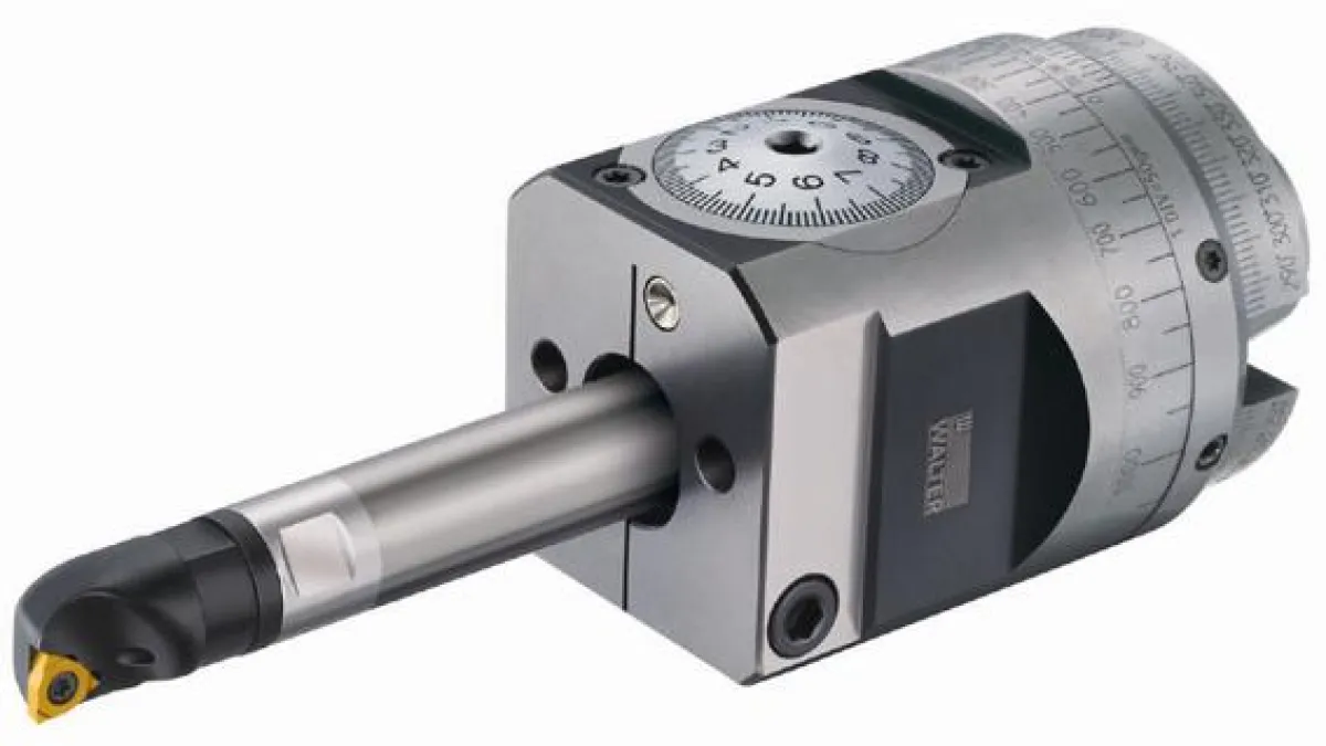 Die wuchtbaren Feinbohrköpfe von WALTER verfügen über weit auskragende wechselbare Bohrstangen. Der Arbeitsbereich beginnt bereits bei 2mm und reicht bis 45mm.