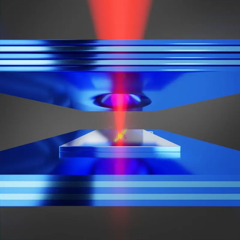 A property of NV centers in diamond is that the states of their electron spins can be determined from the photons they emit. ((Image: University of Basel, Department of Physics) )