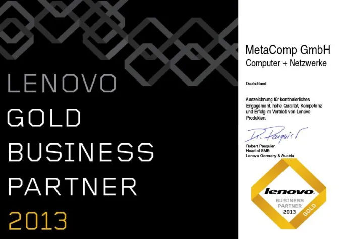 MetaComp erreicht "Lenovo Gold Business Partner 2013" Auszeichnung Bild: MetaComp erreicht "Lenovo Gold Business Partner 2013" Auszeichnung