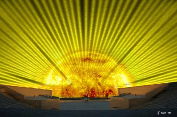 Bild: Starlichtarchitekt Gert Hof inszeniert Eröffnung des einzigartigen Amphitheaters in Doha/Katar am 11.12.2011