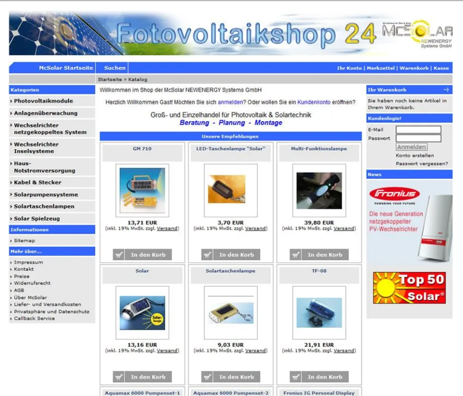 Online Shop der McSolar NEWENERGY Systems GmbH