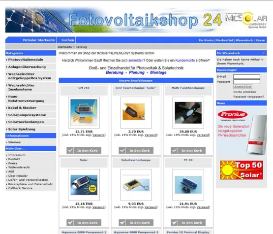 Neuer Photovoltaik-Online-Shop powered by McSolar NEWENERGY Systems GmbH Bild: Neuer Photovoltaik-Online-Shop powered by McSolar NEWENERGY Systems GmbH