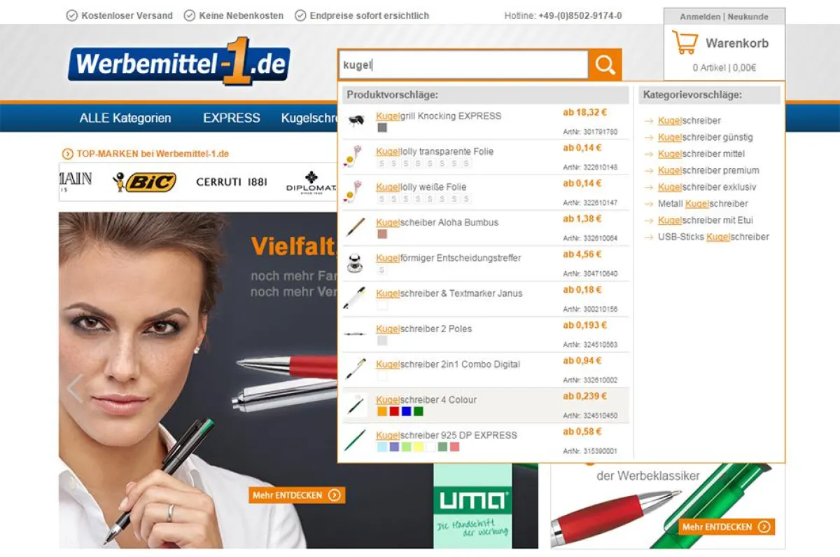 Werbemittel- 1.de: Die optimierte Suchfunktion erleichtert die Auswahl der gewünschten Artikel mitte