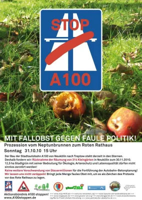 Bild: Protestaktion "A100 stoppen. Mit Fallobst gegen faule Politik" am 31.10.2010 vor dem Roten Rathaus in Berlin