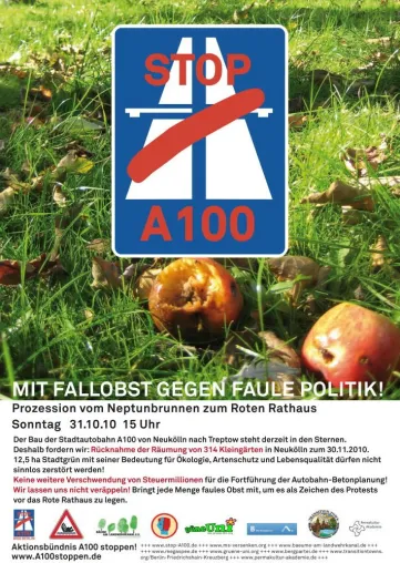 Bild: Protestaktion "A100 stoppen. Mit Fallobst gegen faule Politik" am 31.10.2010 vor dem Roten Rathaus in Berlin