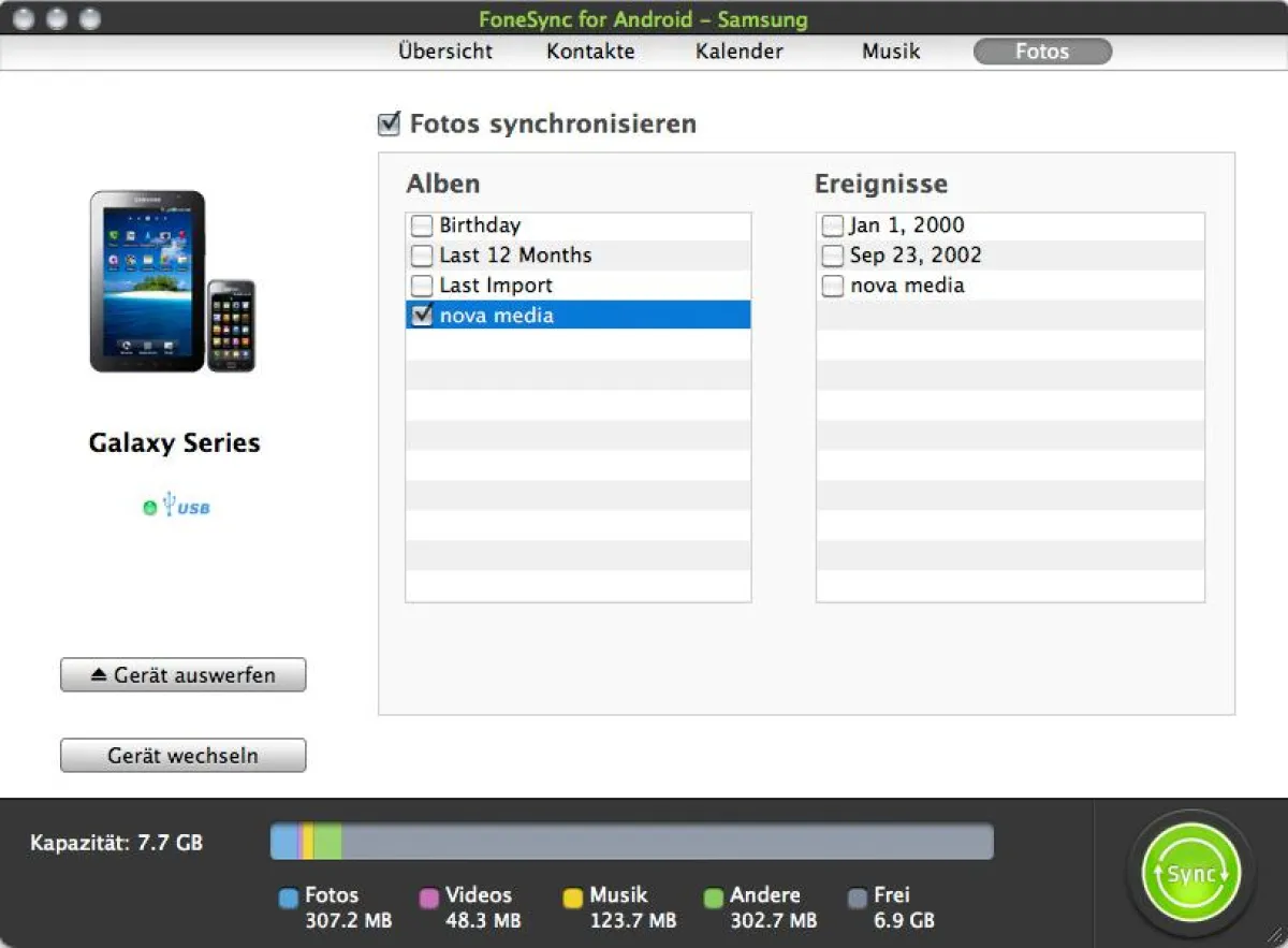 FoneSync for Android - Auswahl der iPhoto Alben und Ereignisse