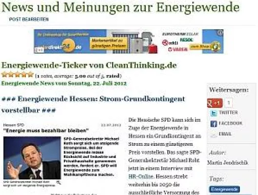 Bild: Neu: CleanThinking erweitert Angebot um Energiewende-Ticker