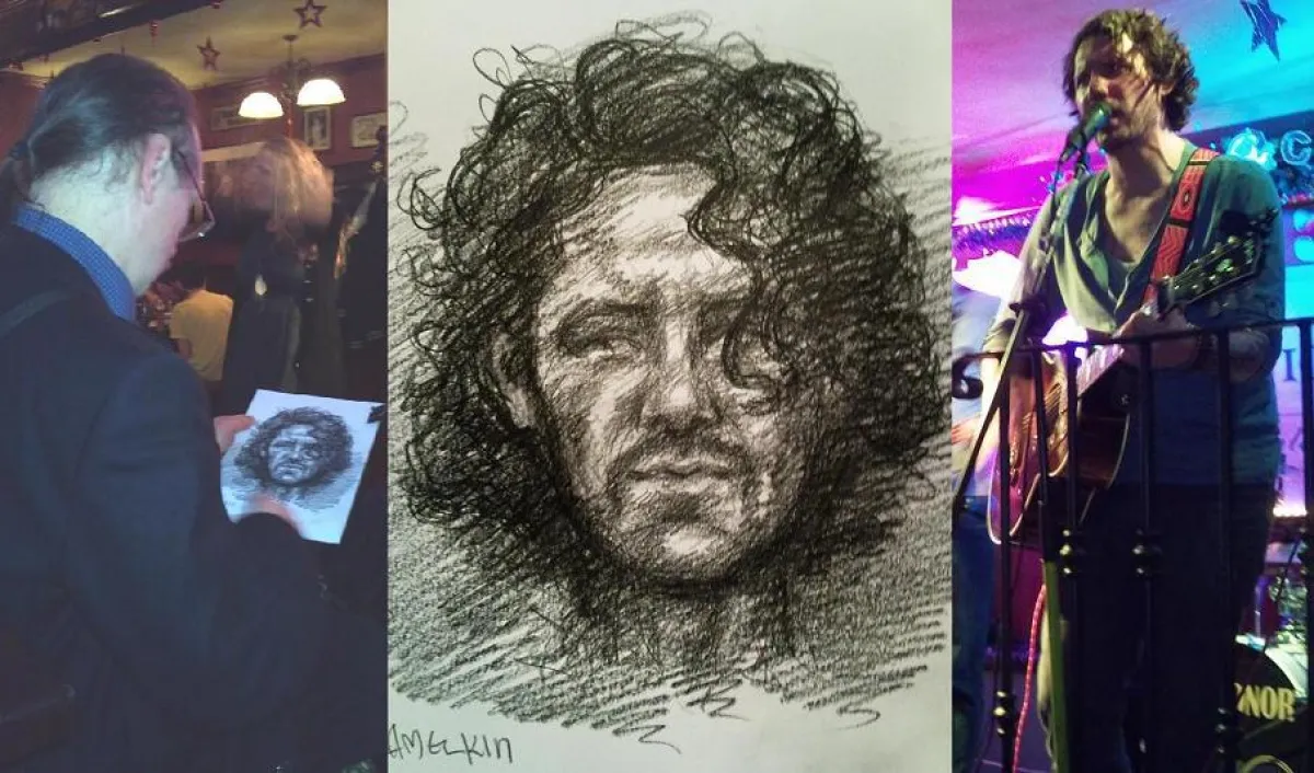 Der Künstler Alexander Amelkin hat es ohne Vorlage am Bühnenrand geschafft...