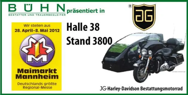 Bild: Rhein-Nekar-Region/Maimarkt Mannheim - Bestattungs-Institut Bühn präsentiert u.a. das JG-Motorradbestattungsgespann